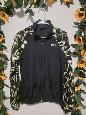 FILA Black Jacket with Neon Yellow Geometric Sleeves